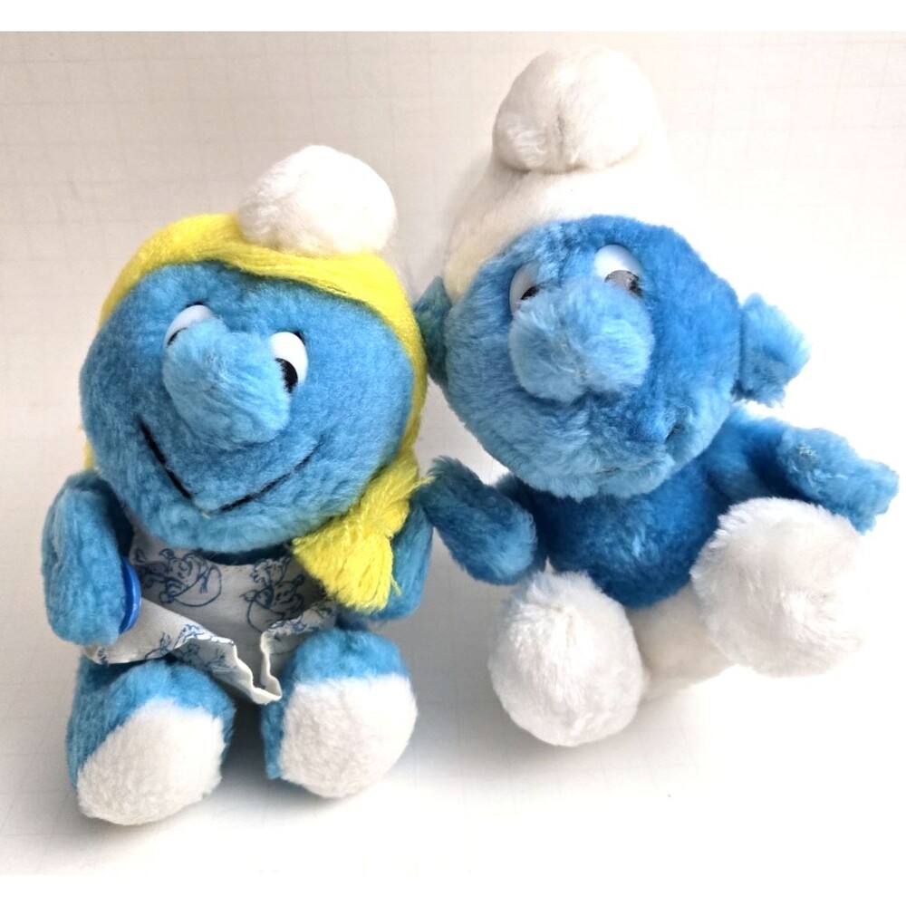 VTG 1980s Wallace Berrie Plush Smurf & Smurfette Peyo 8" Stuffed Plush Figures